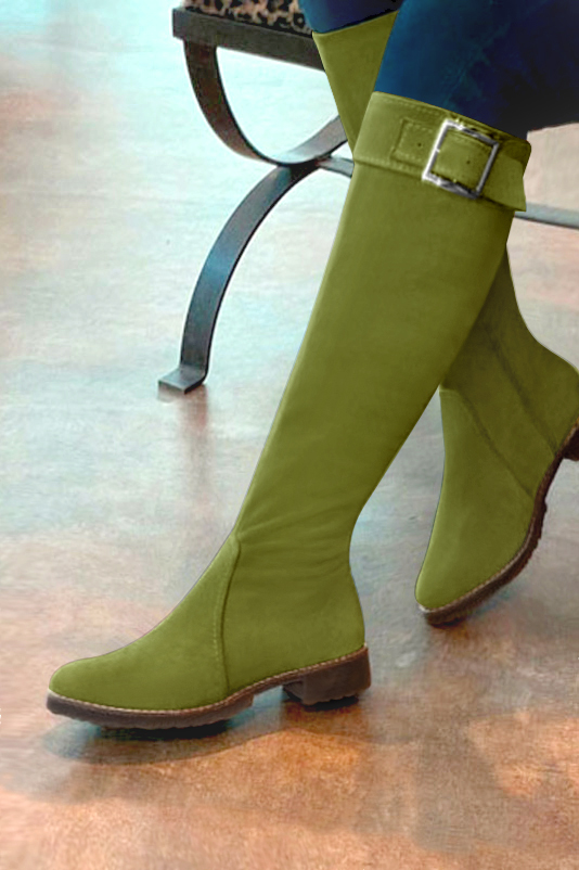 Pistachio green women's riding knee-high boots. Round toe. Flat rubber soles. Made to measure. Rear view - Florence KOOIJMAN